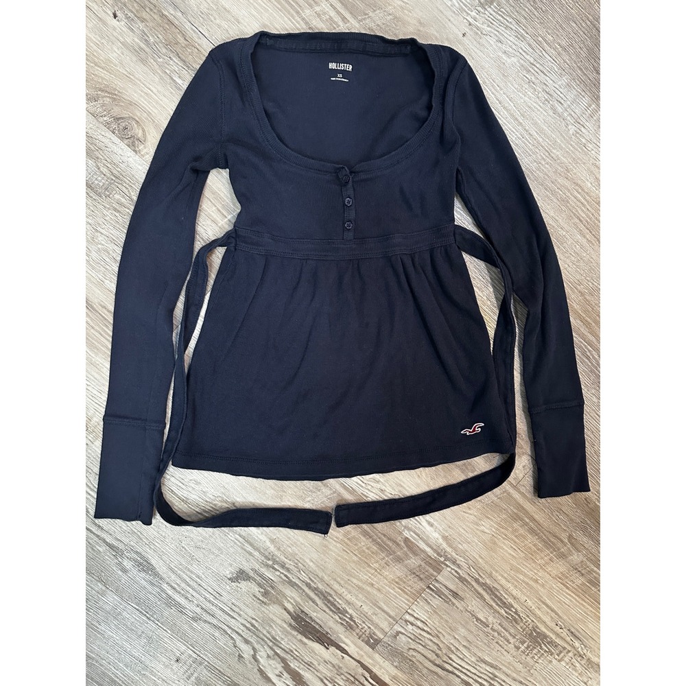 Hollister Y2K Navy Blue Ribbed Babydoll Henley Long Sleeve Tie Waist Top XS